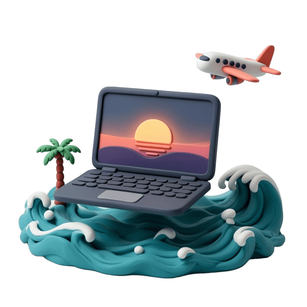 3D illustration of a laptop, waves and airplane