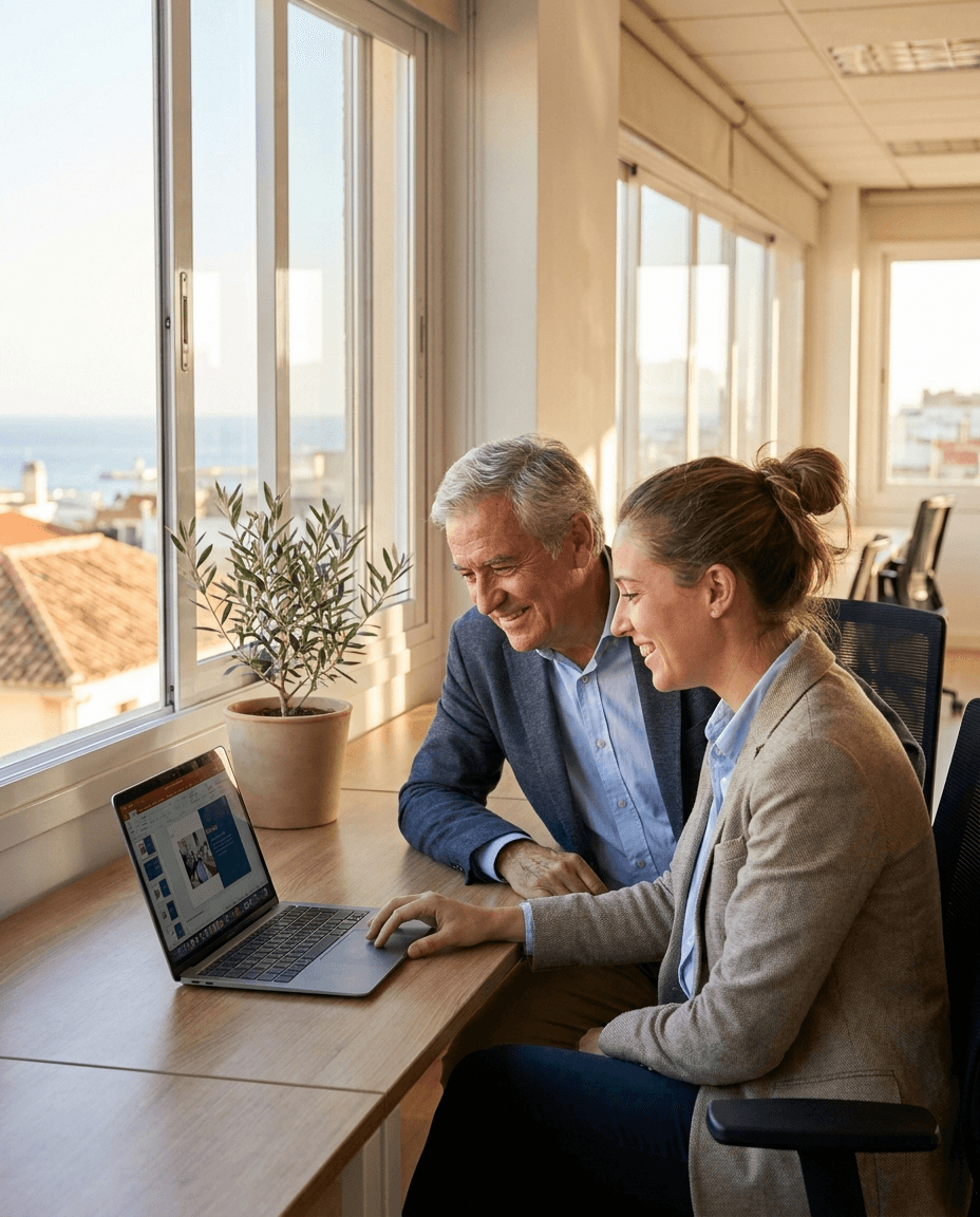 Mentor guiding an intern at the office in Malaga
