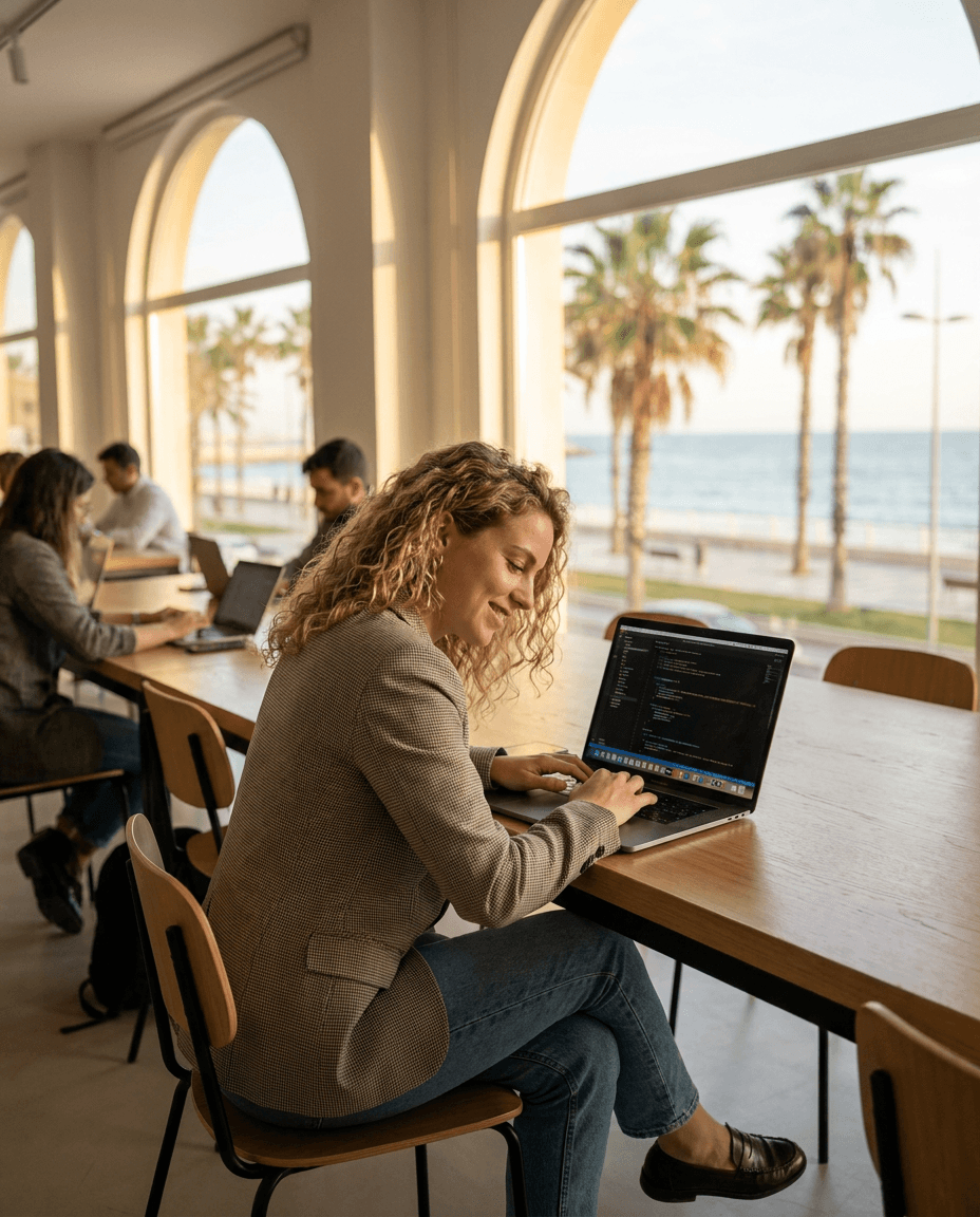 Intern working on a laptop in Malaga